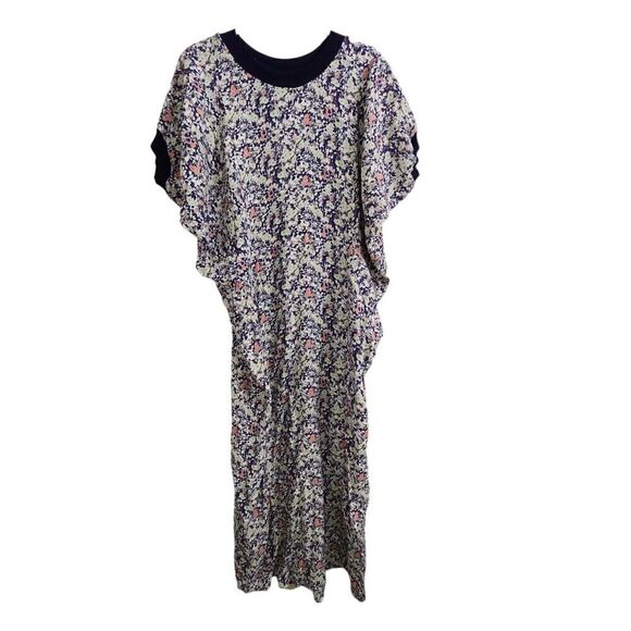 COS‎ Dress 14 Blue Floral Midi Short Sleeve Boho Cinch Waist Slit Back Flowy NWT - Picture 1 of 8
